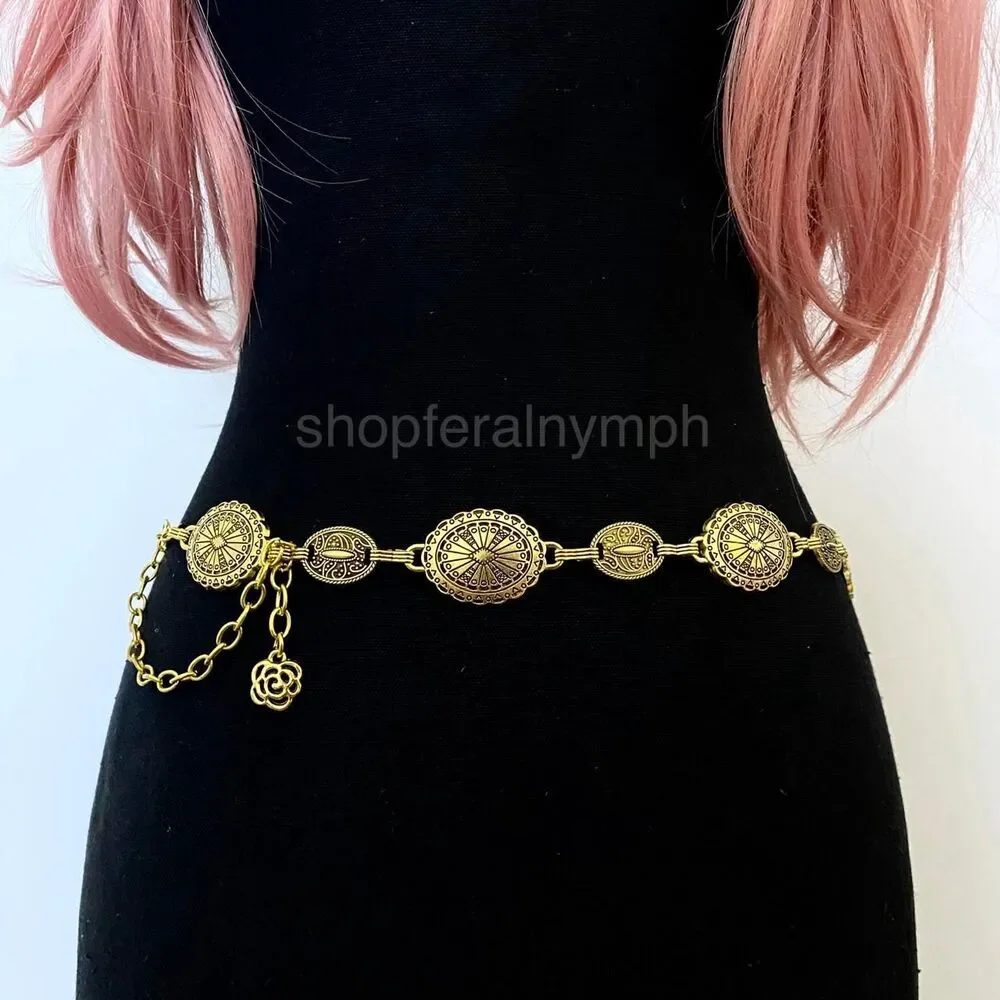 Antique Gold Boho Concho Medallion Waist Chain Belt, Fits 23-38 Inches, X7GA1348